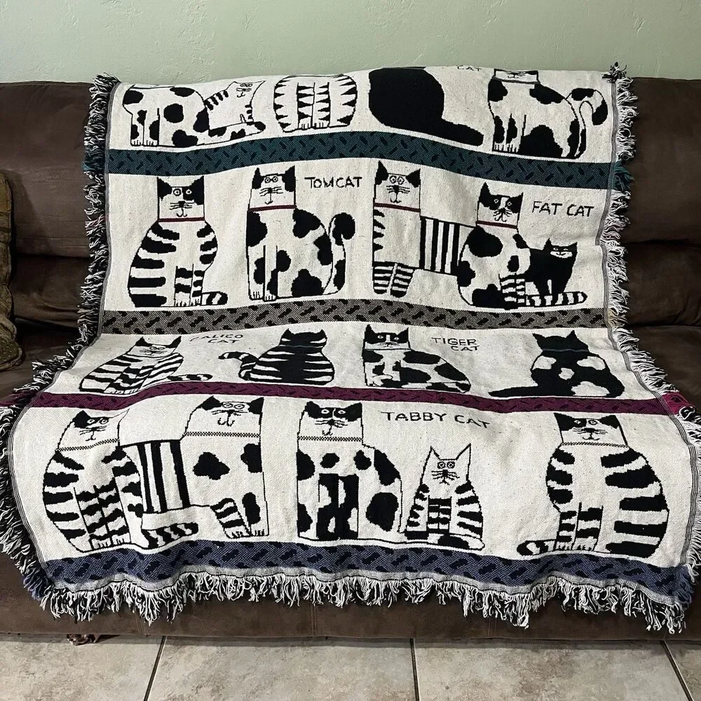 Crown Crafts Pat Meyers Cat Woven Throw Blanket Cotton Fringe Tapestry 60x50 USA